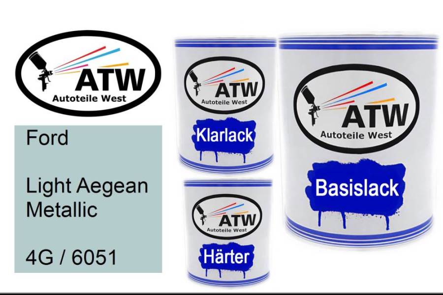 Ford, Light Aegean Metallic, 4G / 6051: 1L Lackdose + 1L Klarlack + 500ml Härter - Set, von ATW Autoteile West.